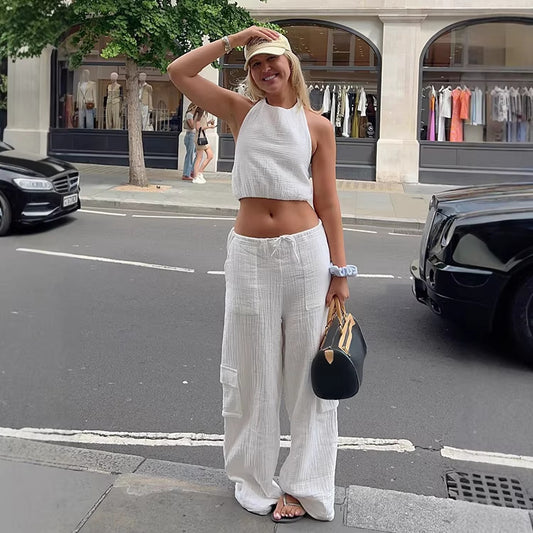 Women's White Sleeveless Tank Top And Wide-leg Pants