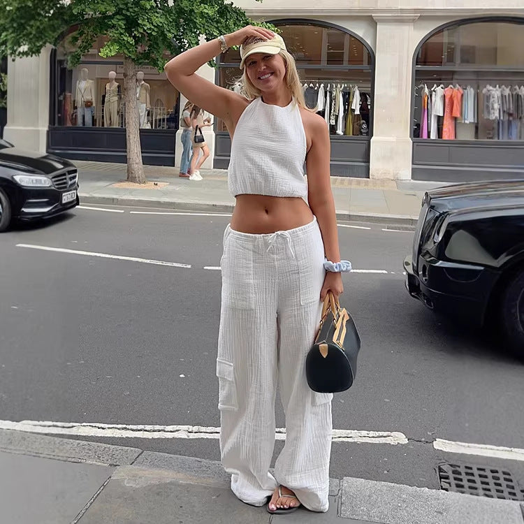 Women's White Sleeveless Tank Top And Wide-leg Pants