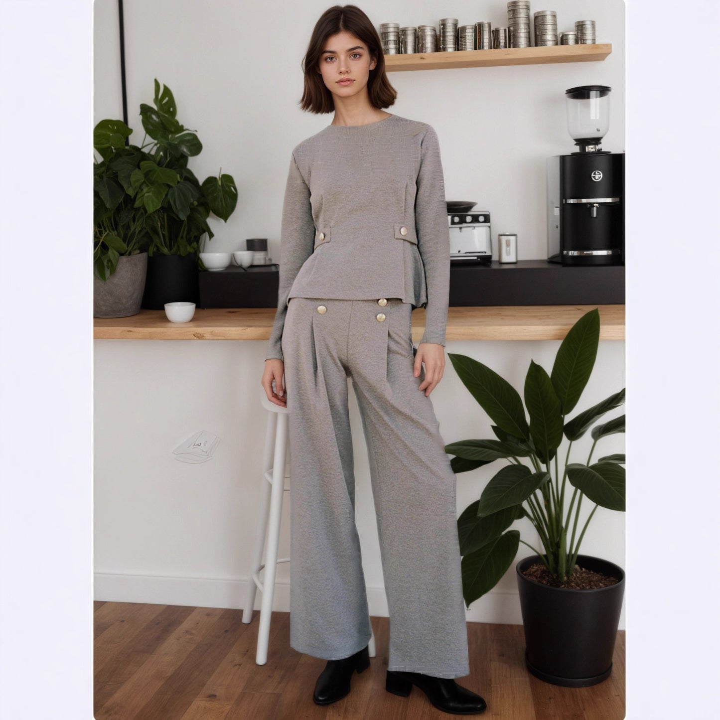 Autumnwinter Casual Chic Slimming Top And Pants Two-piece Set