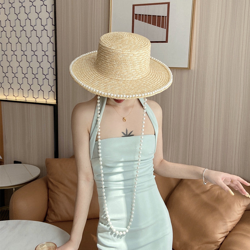 Women's Hand Sewn Pearl Flat Top Straw Hat