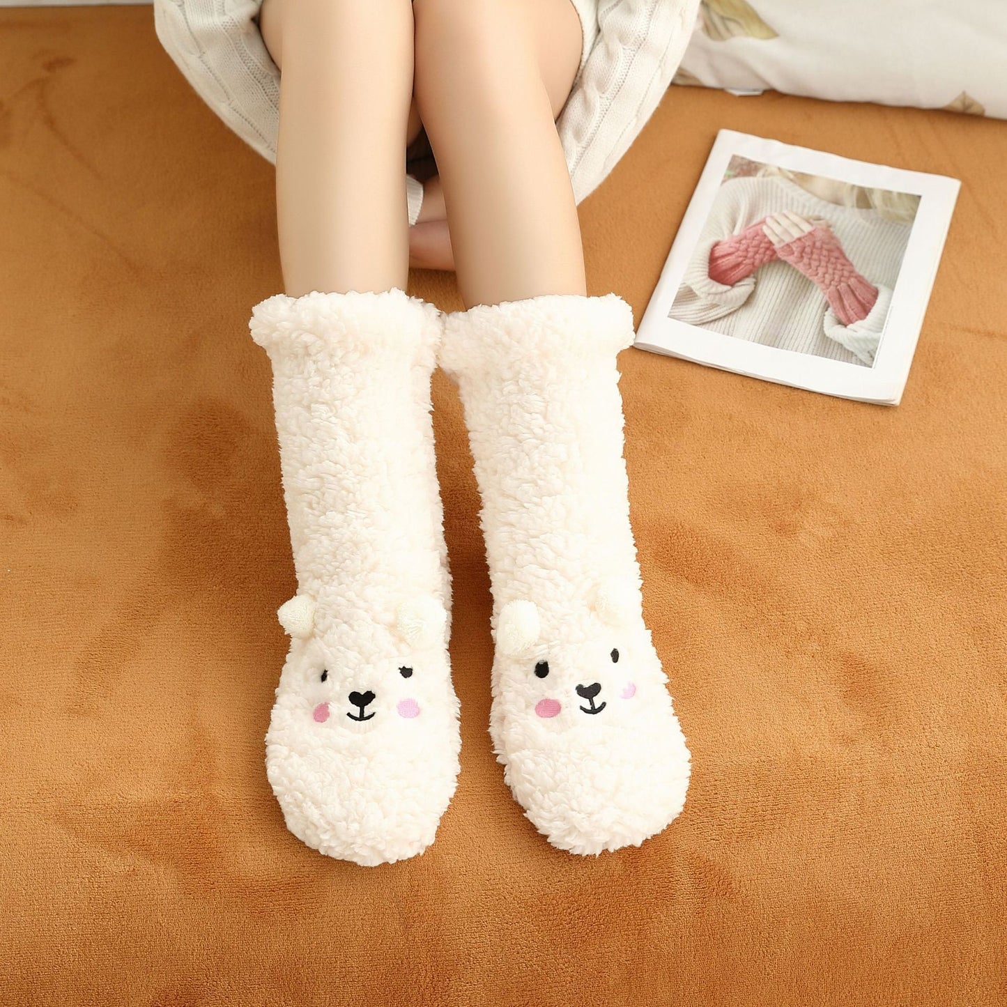 Lamb Velvet Bear Cute Embroidered Floor Shoes Warm Socks