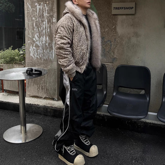 American Street Fashion Mountain Carving Leopard Print Hooded Cotton Coat Jacket