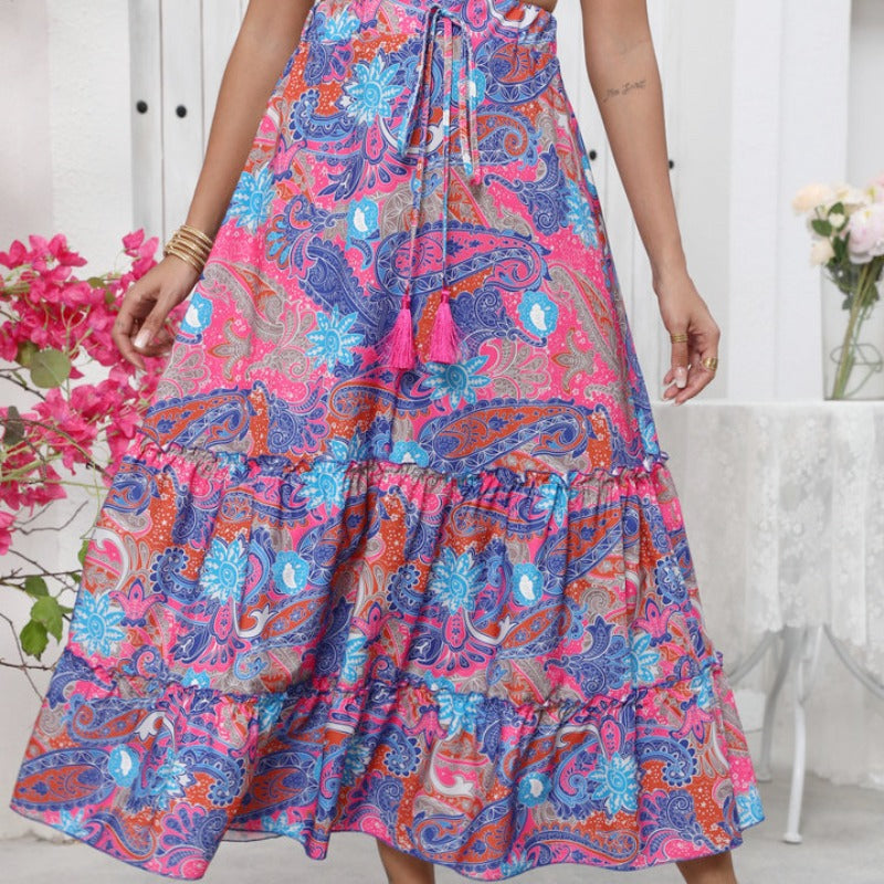 Bohemian Resort Style Beach Wide Printed Skirt