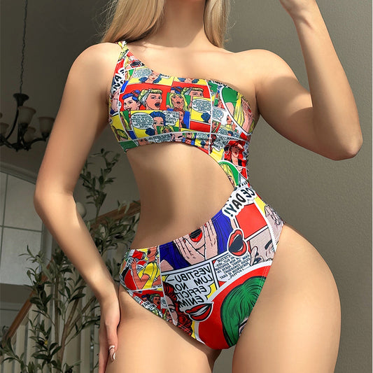 Women's Printed One-shoulder Swimsuit
