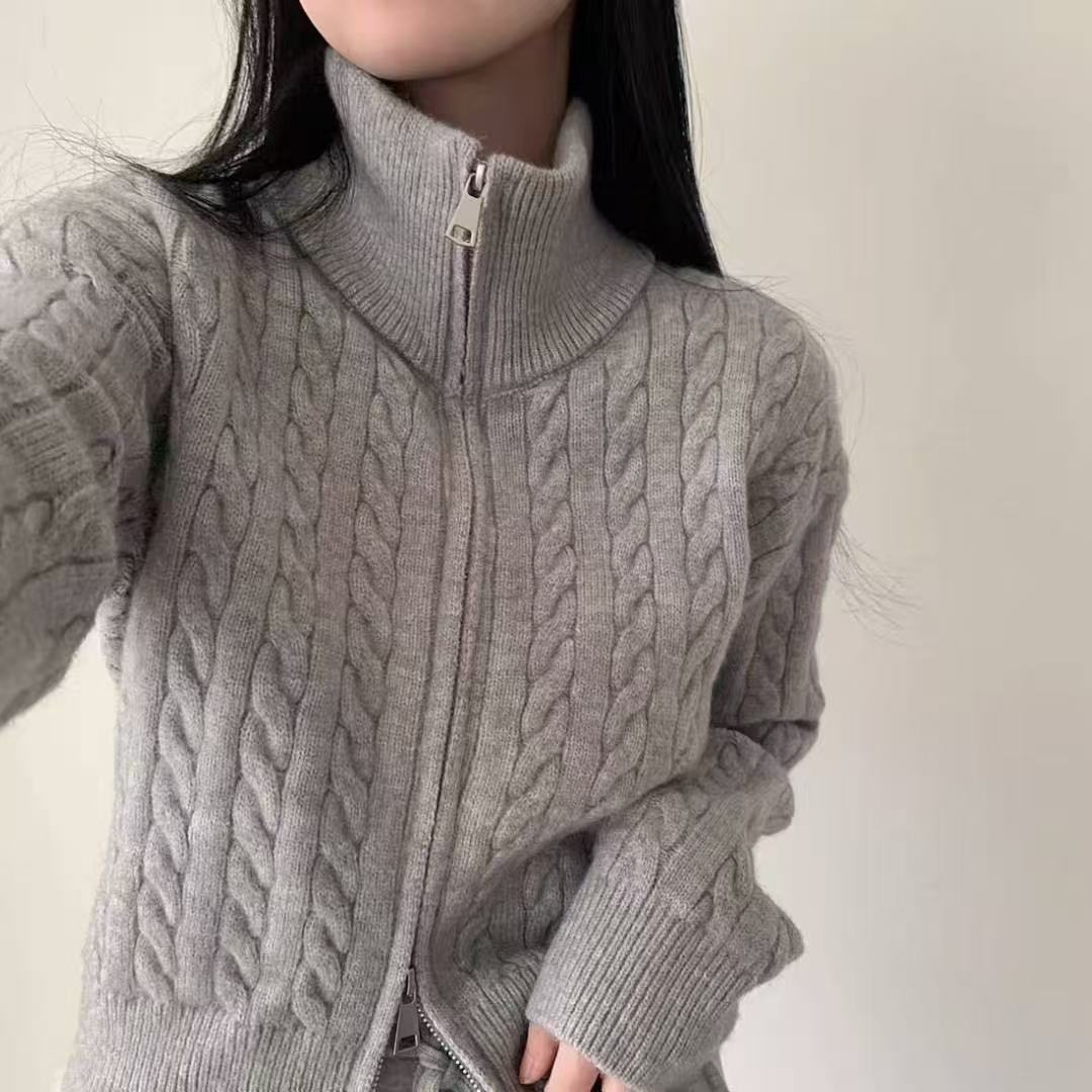 High-grade Lapel Double Zipper Twist Solid Color Sweater