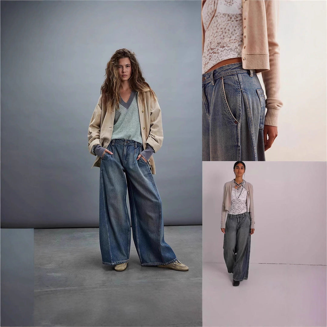 Womens Fashionable Retro Wide-Leg Denim Jeans
