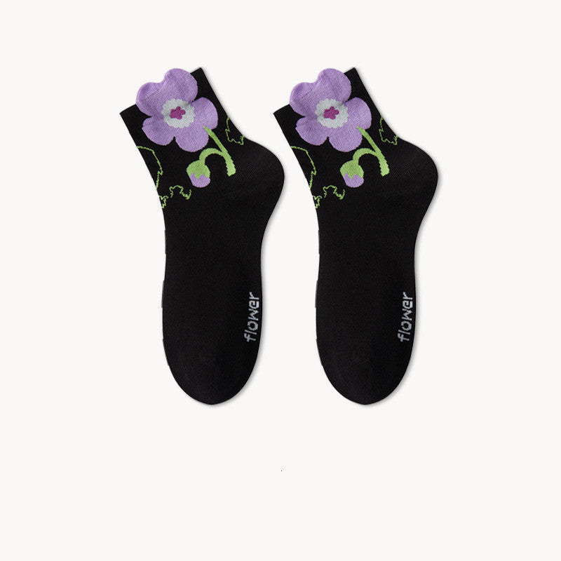 Women's Simple Short Branch Leaf Three-dimensional Tulip Flower Cotton Socks