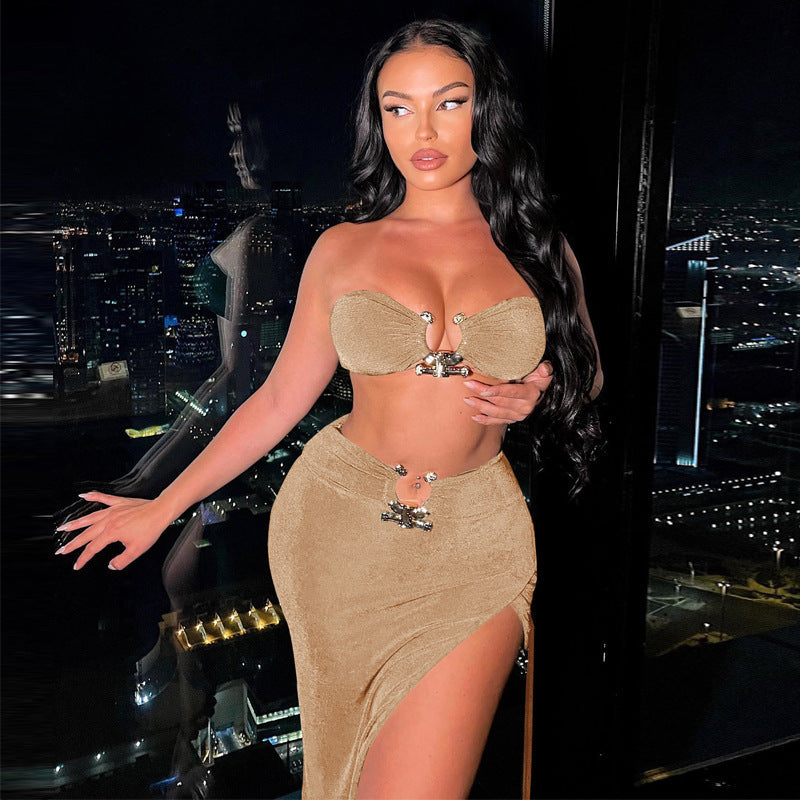 Womens Sexy Midriff-baring Top And Slit Sheath Skirt Set