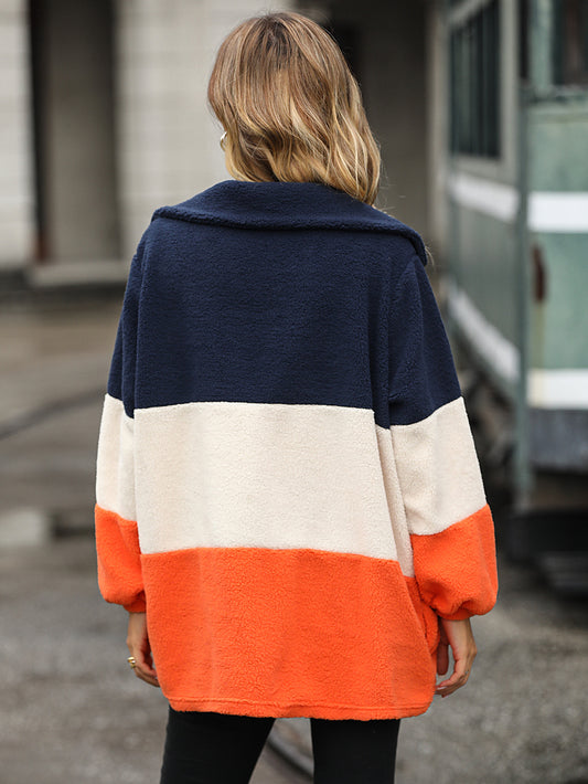 Langærmet løs pullover til kvinder med revers, lappede striber og boblefløjl – afslappet sweatshirt