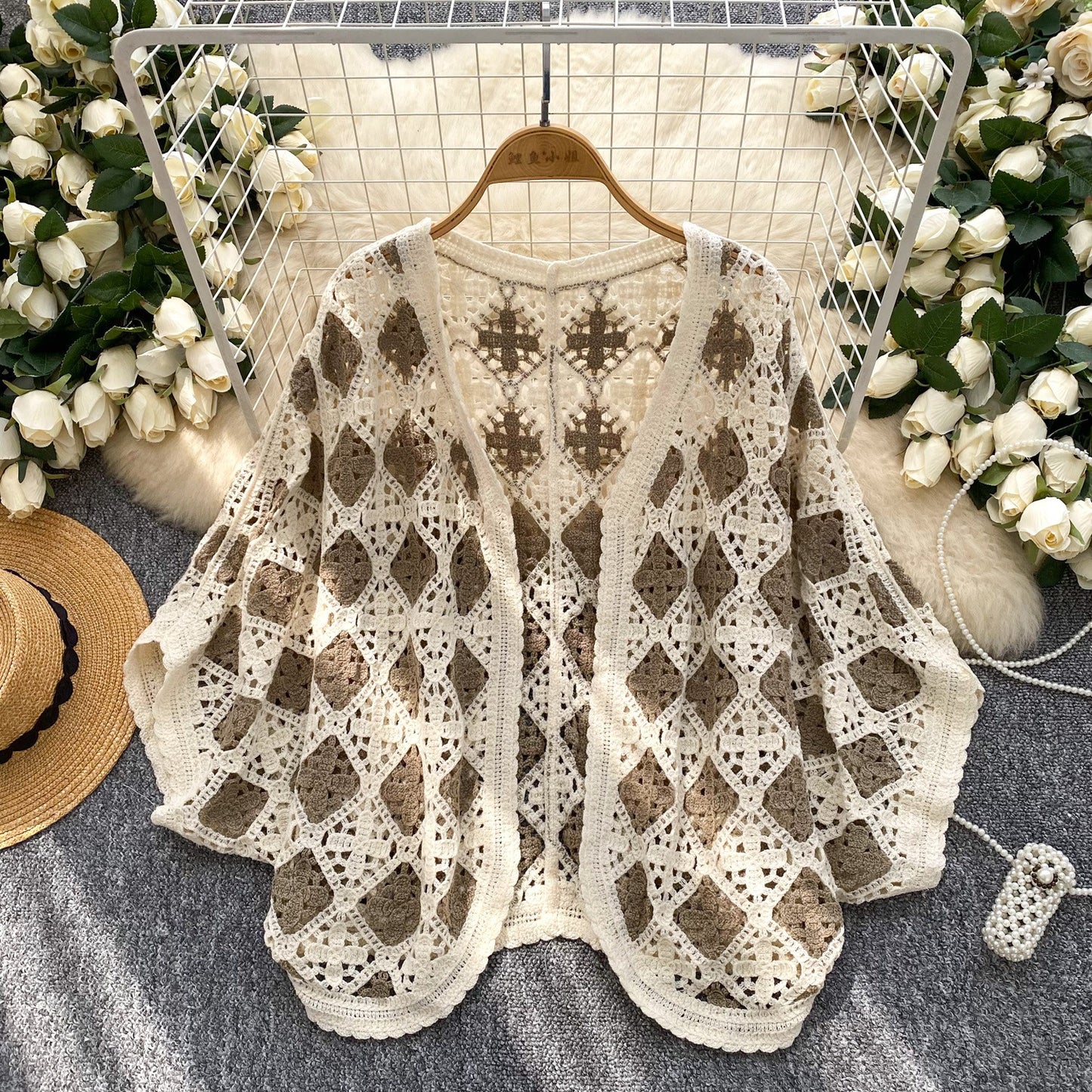 Coat Women's Hollow Crocheted Knitted Batwing Sleeve Top Shawl
