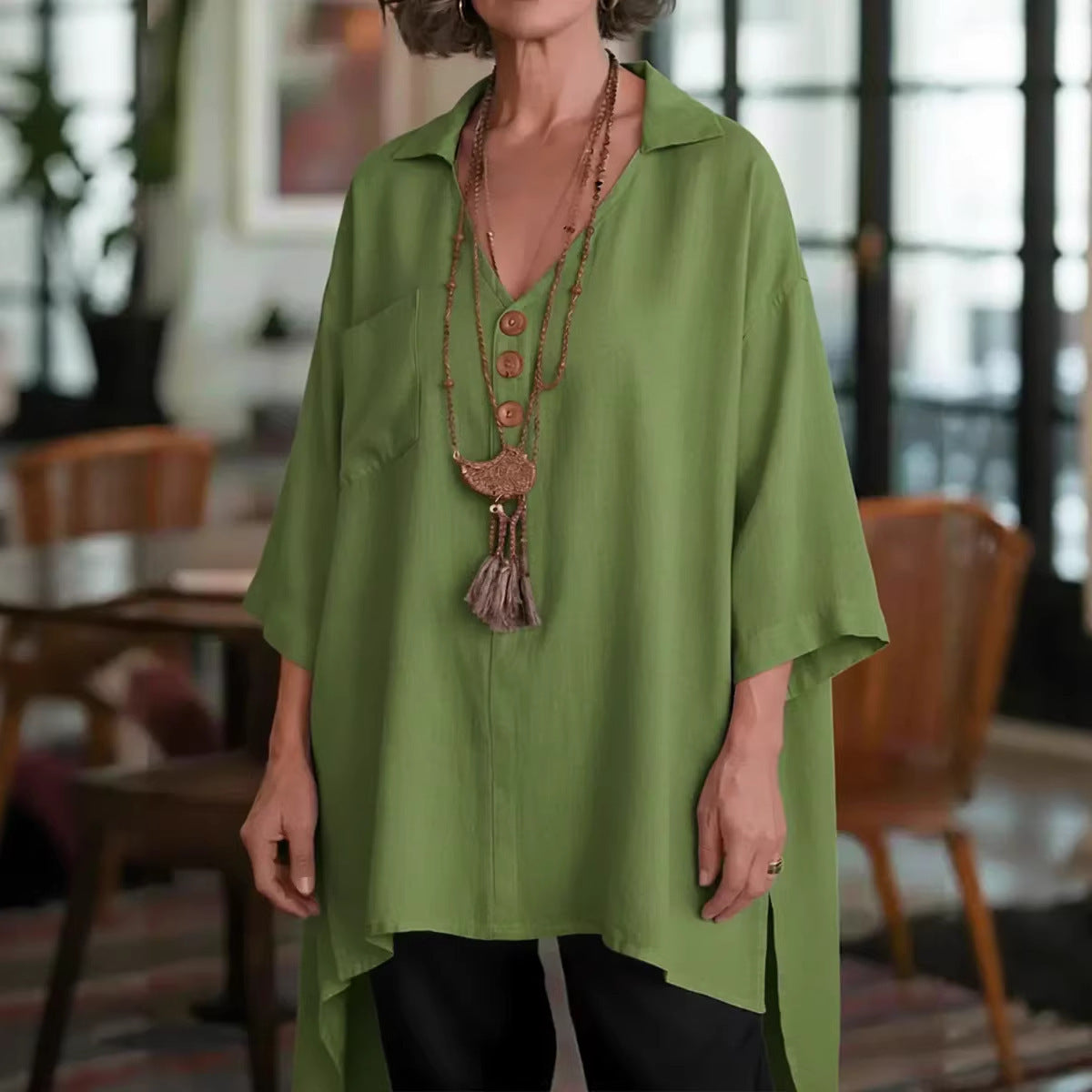 Loose-fit Cotton-linen Top With Buttons For Women
