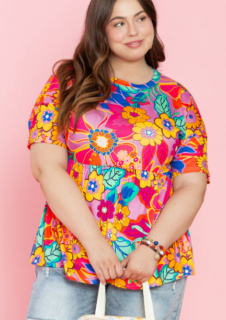 Floral Print Short Sleeve Plus Size Babydoll Blouse