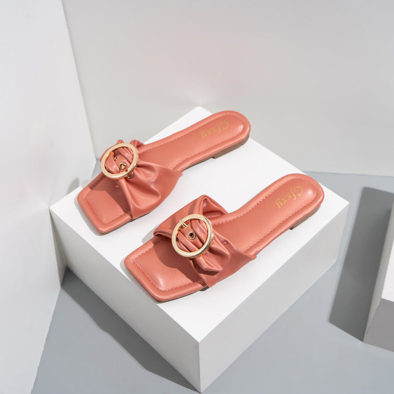 Korean Style Fashion Belt Buckle Flat Heel Women's Shoes Solid Color Square Toe Sandals