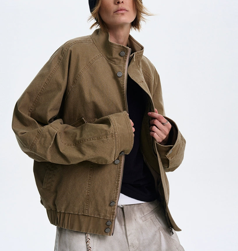 American Barn Style Color Block Leather Collared Jacket