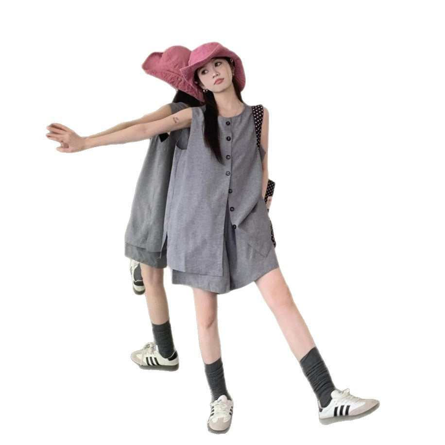 Women's Fashion Round-Neck Sleeveless Tank Top And Casual Shorts Set