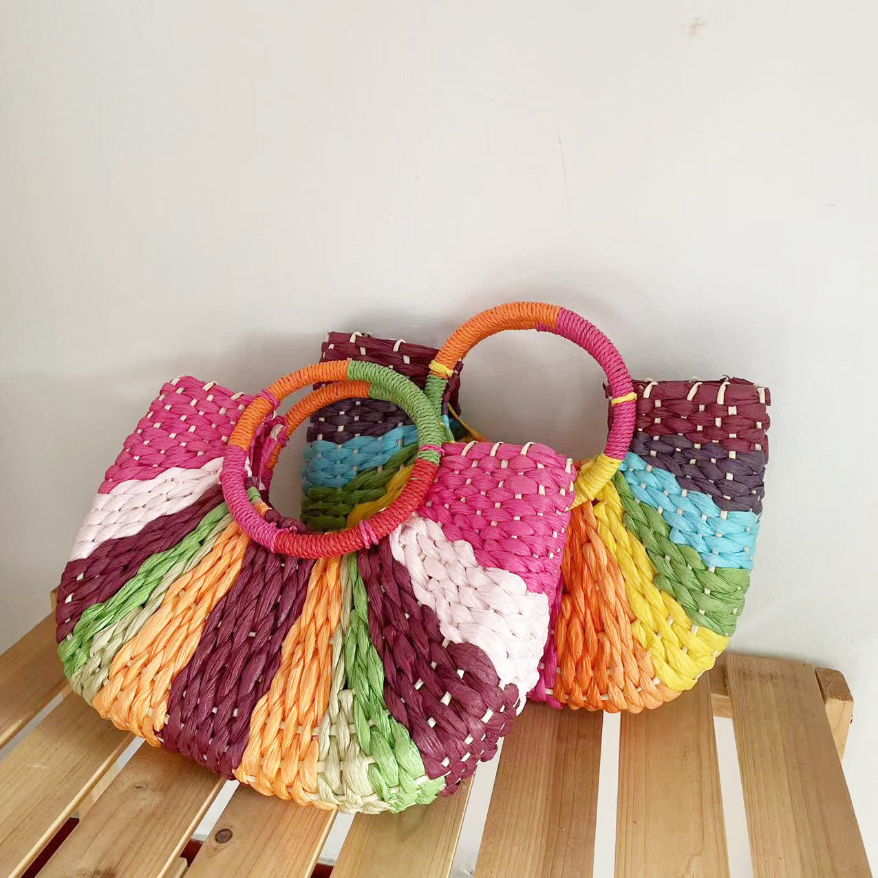 Color Contrast Moon Woven Straw Bag