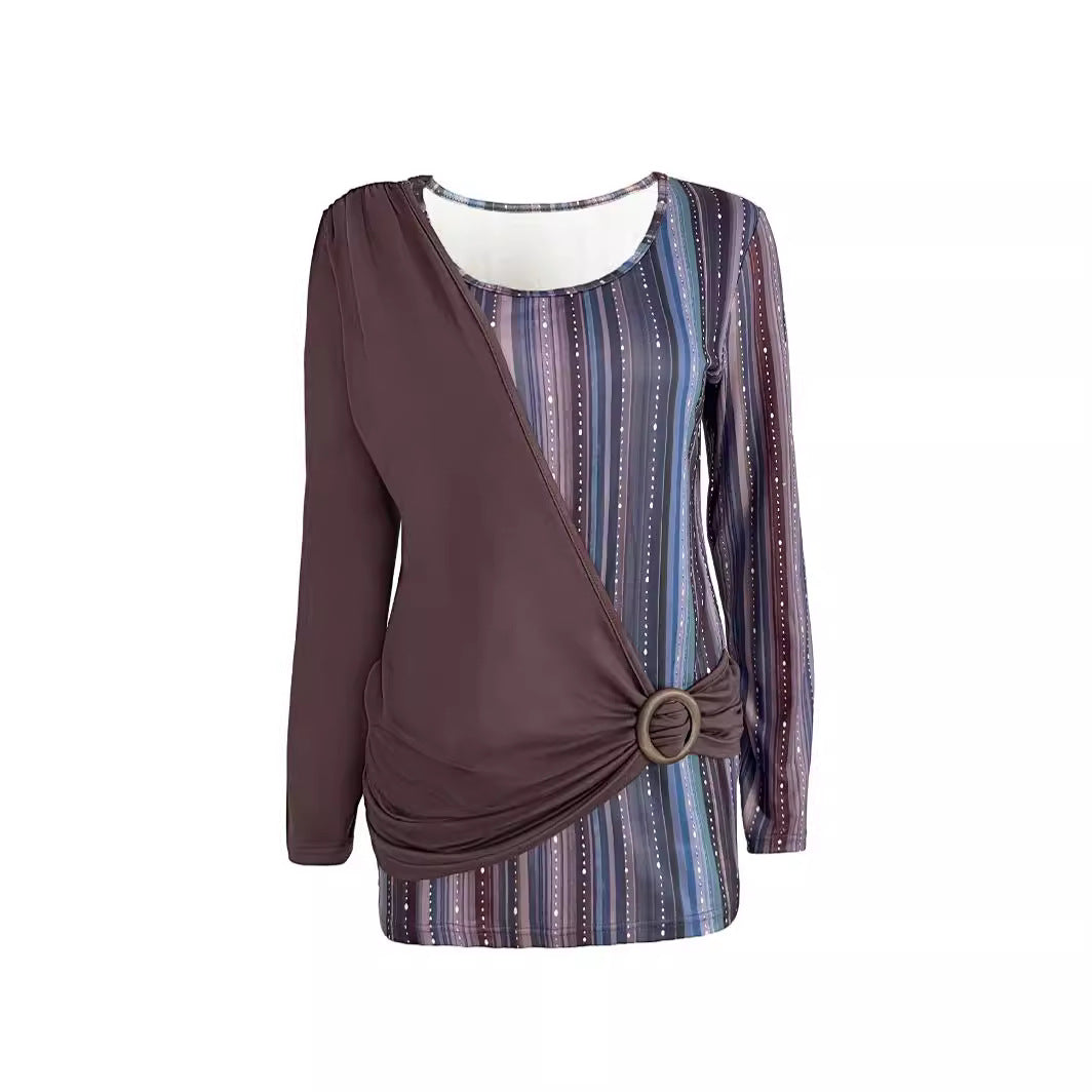 New Round Neck Stitching Printing Casual Long Sleeve Loose T-shirt