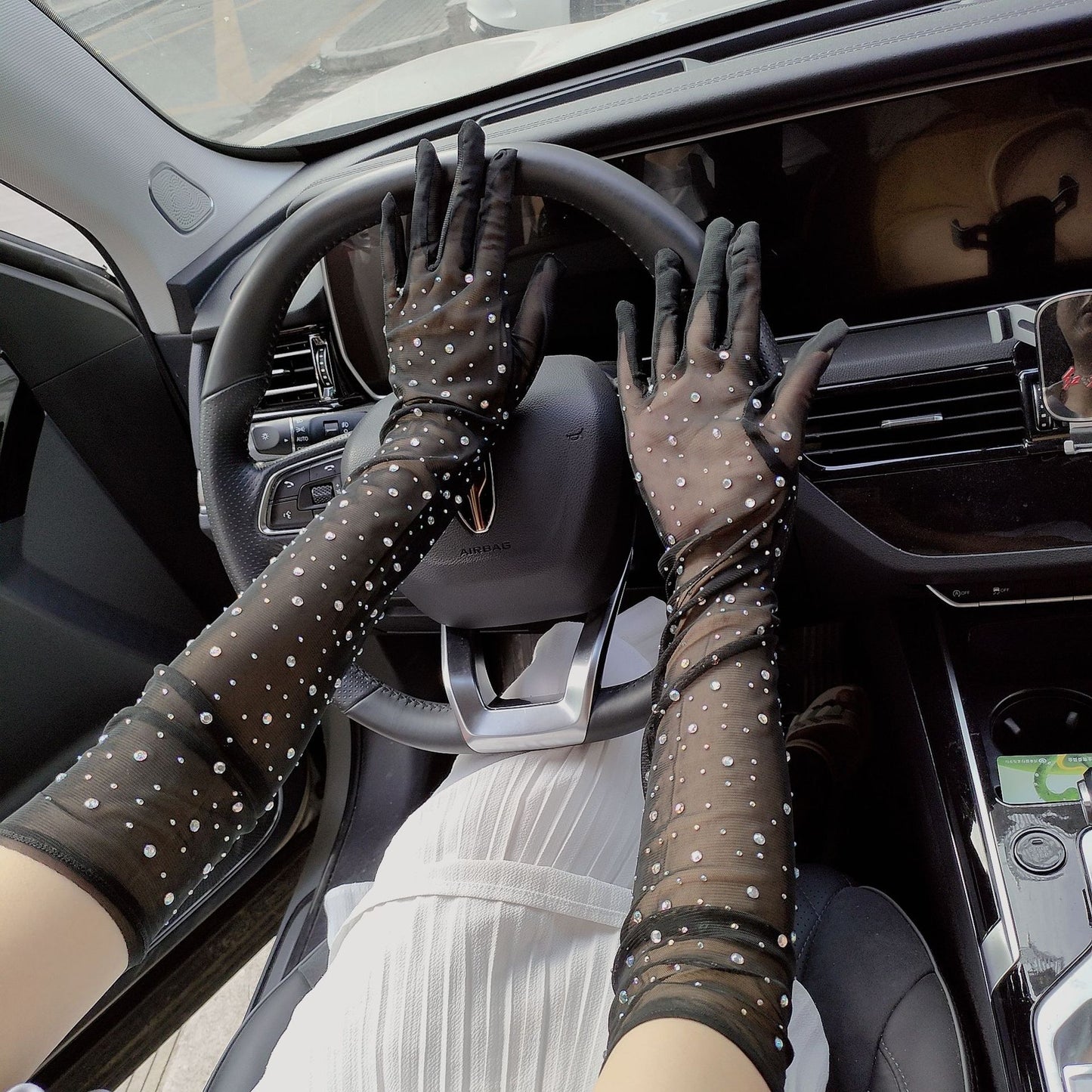 Halloween Dress Cosplay Rhinestone Lace Mesh Gloves