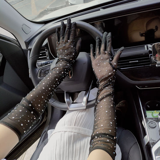 Halloween Dress Cosplay Rhinestone Lace Mesh Gloves