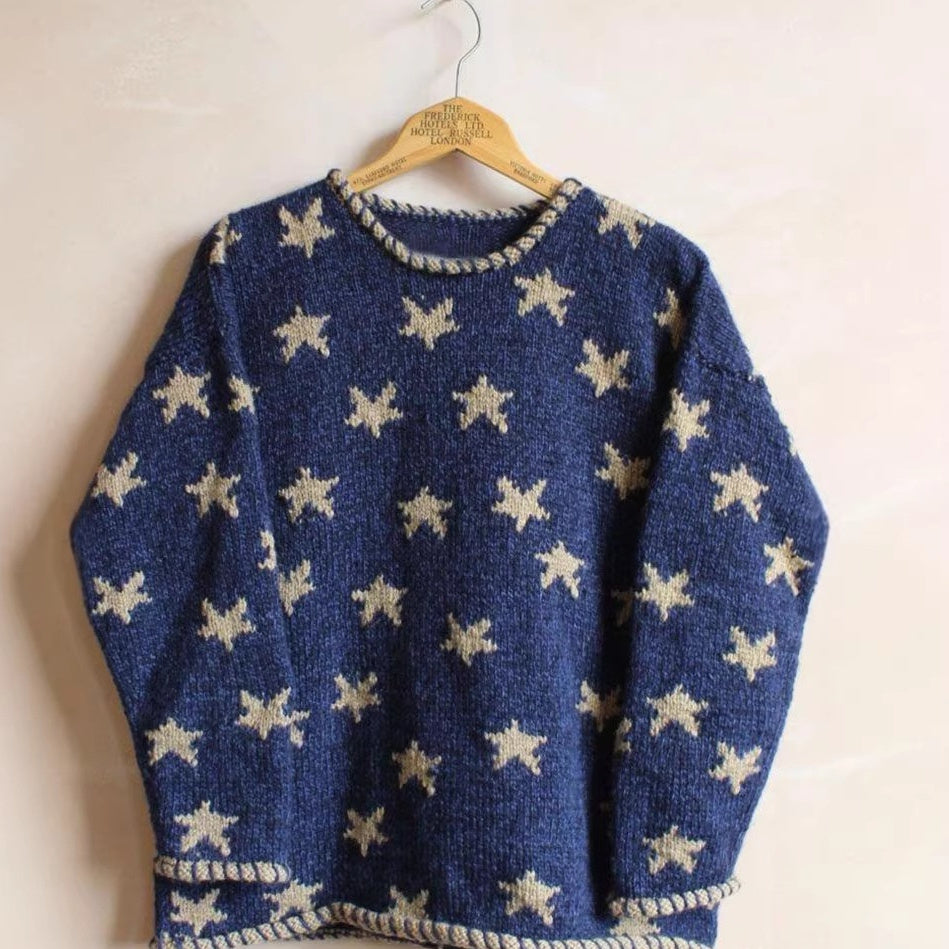 Womens Retro Star Jacquard Loose Casual Contrast-Color Sweater Top
