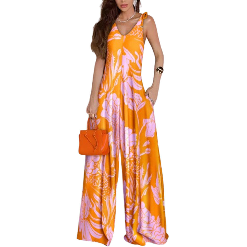 Printed V-neck Lace-up Jumpsuit Pocketed Vest-style Wide-leg Romper