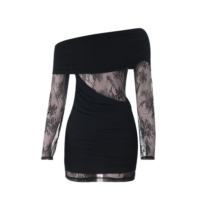 Off-Shoulder Lace-Patchwork Sheer Bodycon Dress Autumn Style For Women