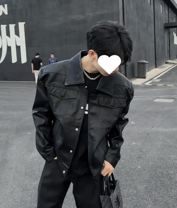 Black Cropped Leather Coat Men's Trendy PU Leather Jacket For Spring And Autumn Padded Shoulder With Large Lapel Motorcycle Clothing