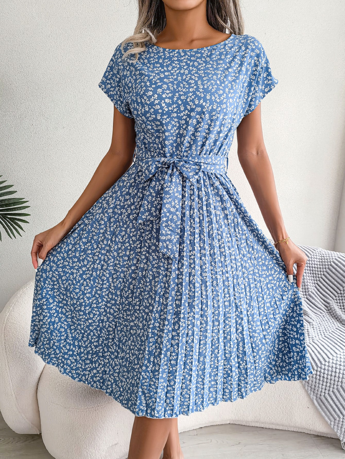 Women   Casual Short Sleeve Floral Print Flowy Pleated Skirt