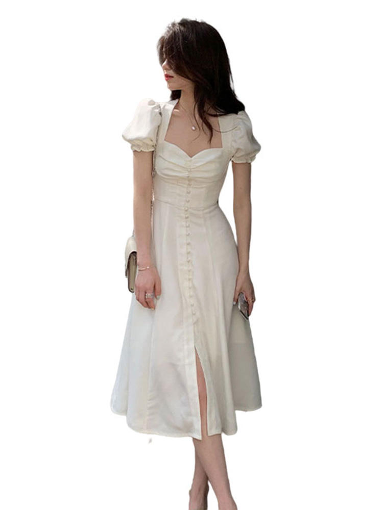 Square Neck Waist Wrapped Bubble Sleeve Dress For Women