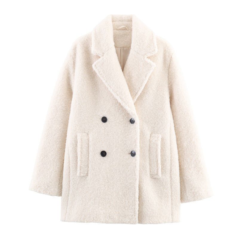 Autumn And Winter Loose Boucle Double-breasted Mid-length Coat