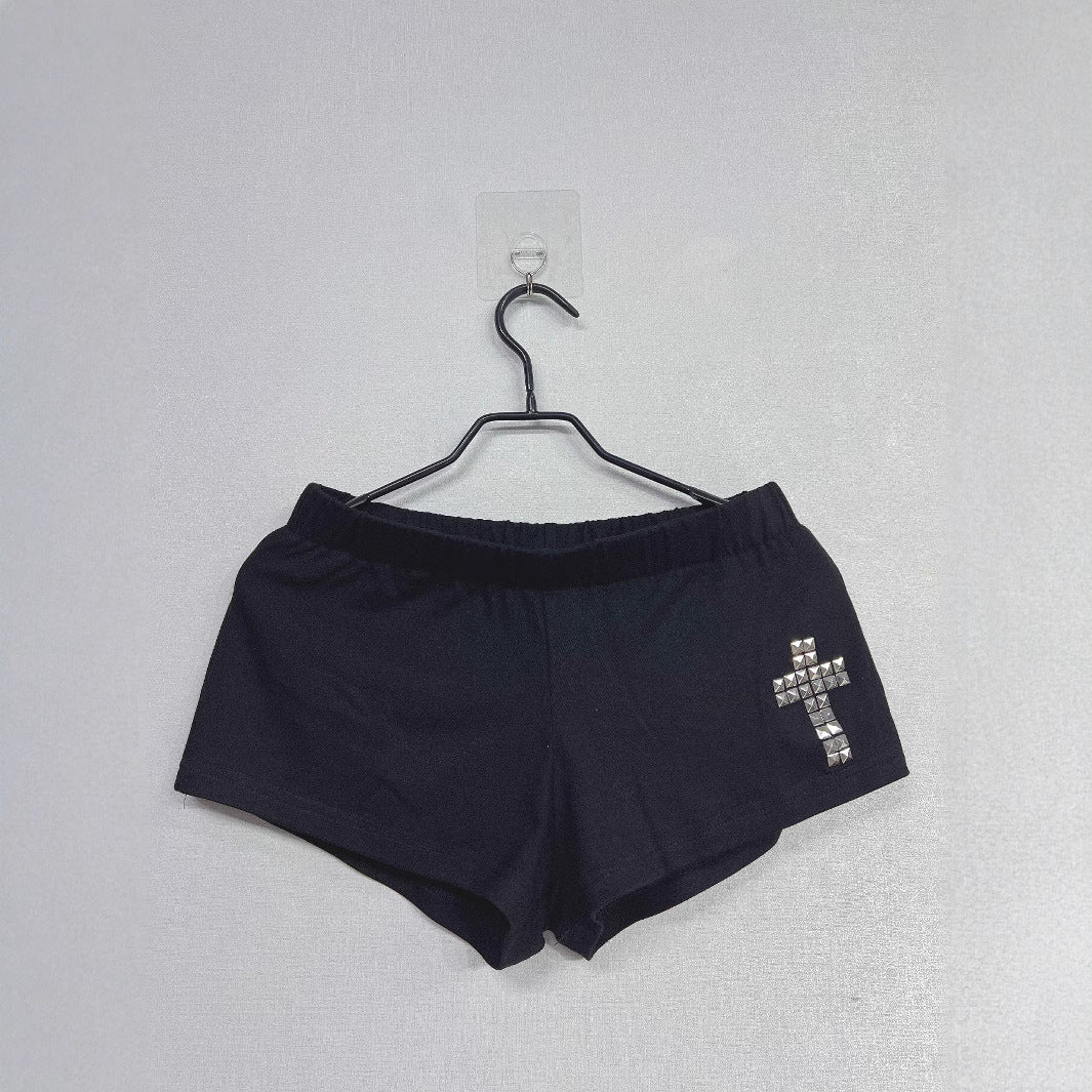 Womens Black Cross Design Comfortable Elastic-Waist Bodycon Ultra-Short Shorts