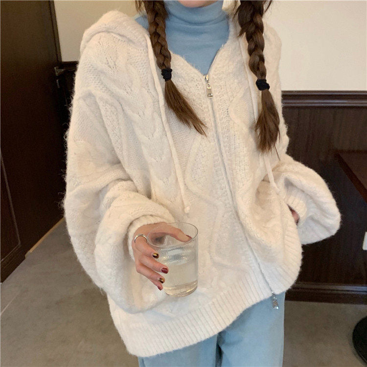 Hooded Knit Cardigan Coat Women's Spring And Autumn Twist Zipper