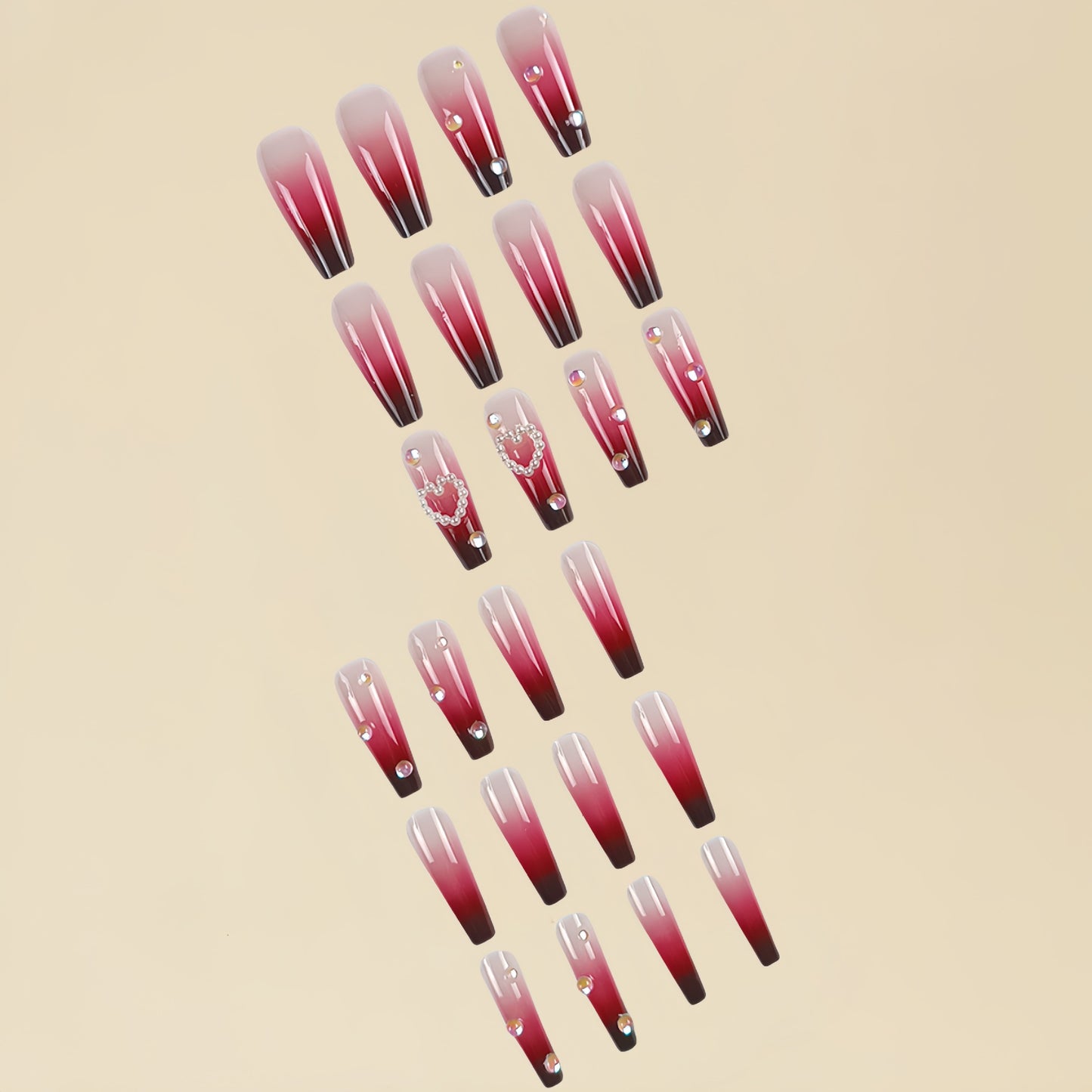 Pearl Heart Wine Red Gradient Wear Fake Nail Tip