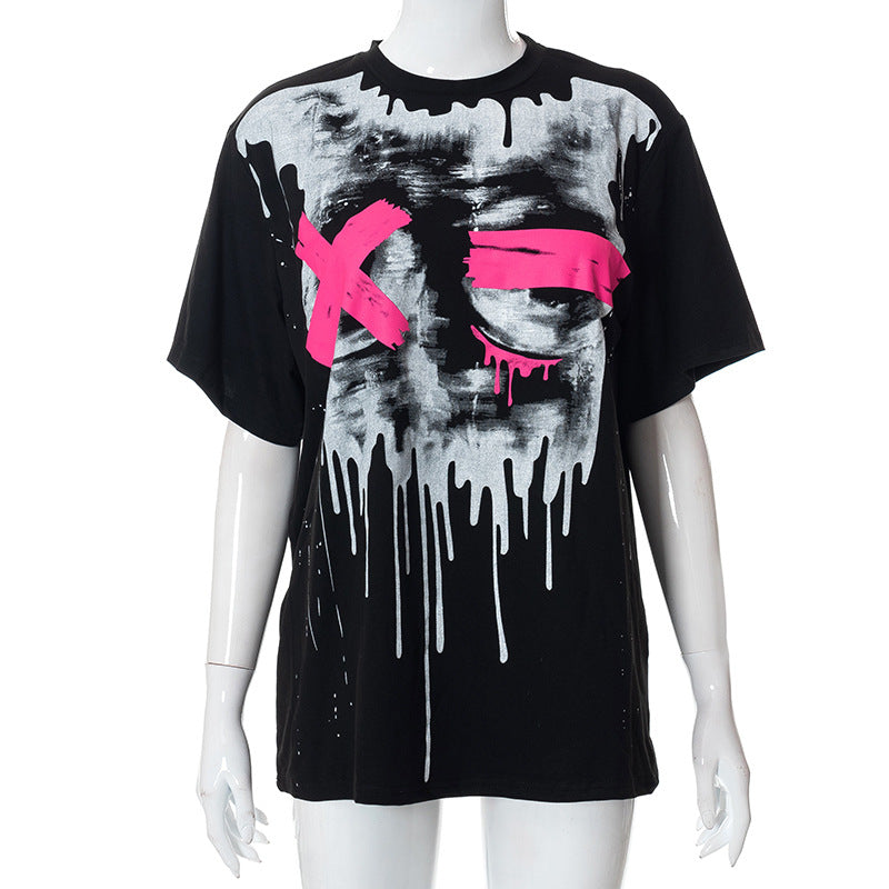 Casual Printed Round Neck Loose Tide Brand Short Sleeve T-Shirt Top