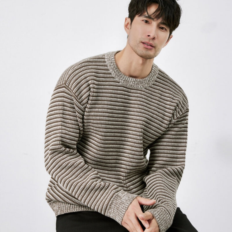 Mens Winter Warm Striped Crew-Neck Sweater