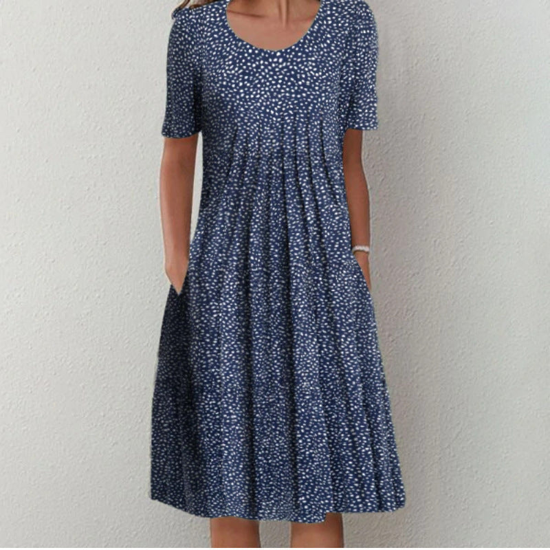 Spring And Summer Women's Elegant Large Swing Round Neck Printed Short Sleeve Dress