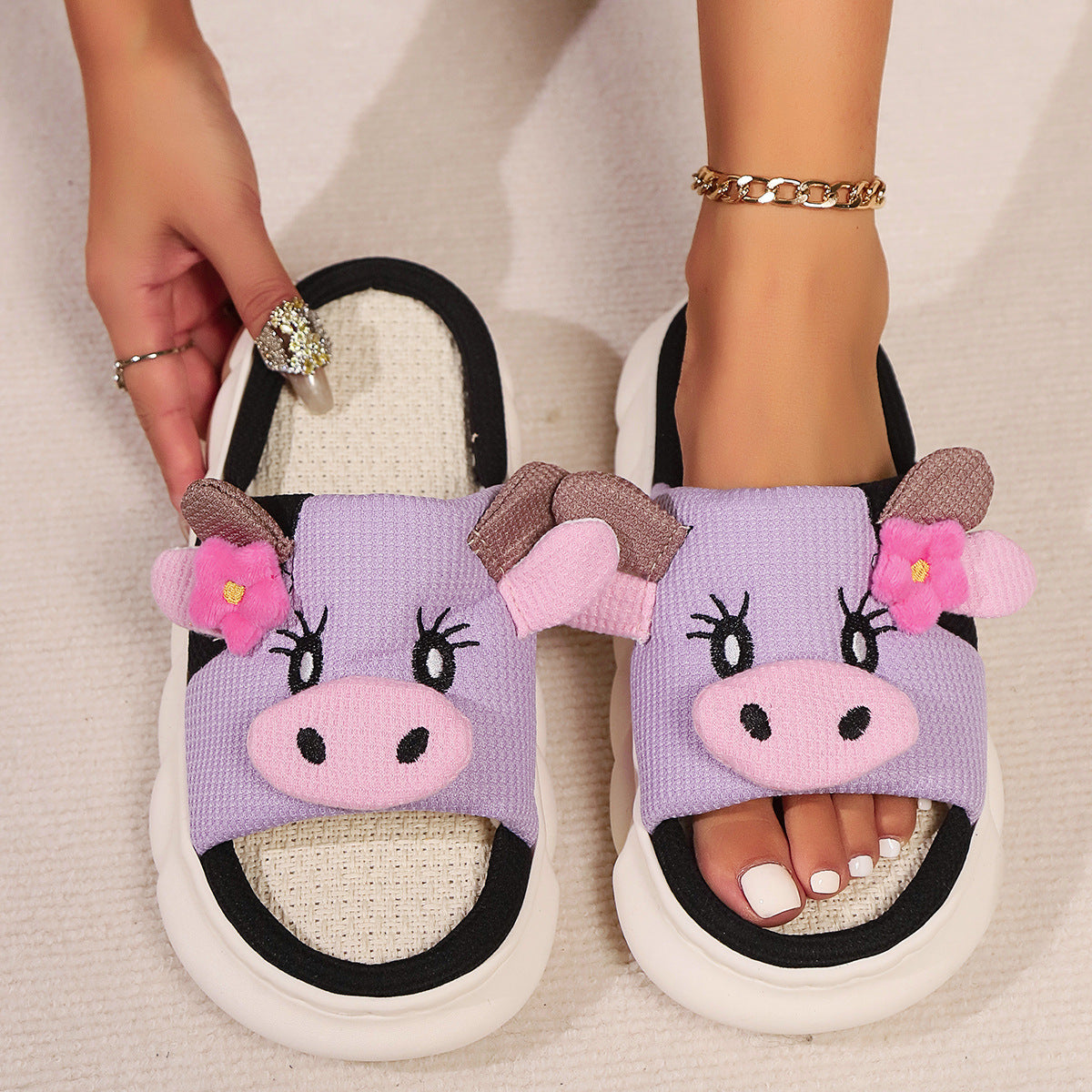 Cute Cow Linen Shit Feeling Interior Non-slip Deodorant Outer Wear Platform Slippers