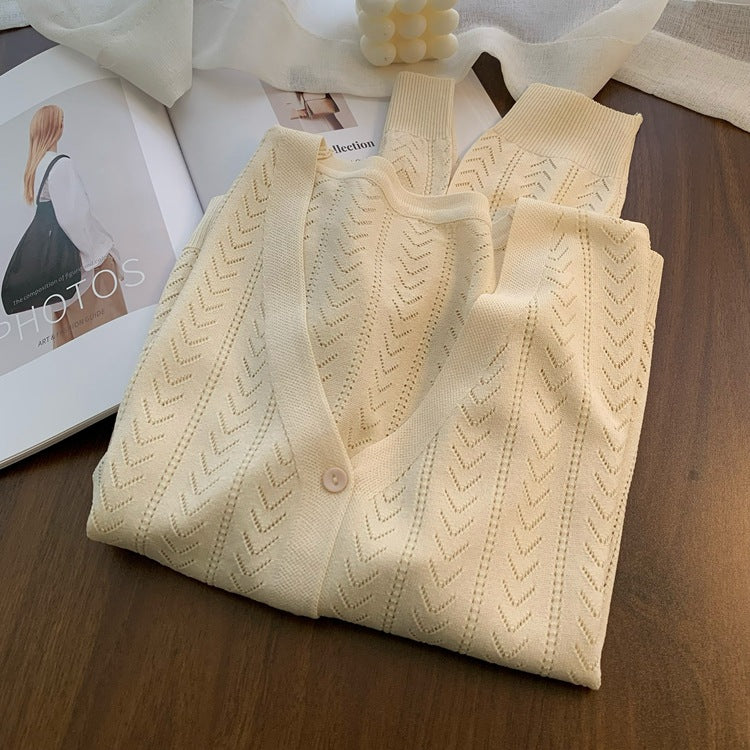 Thin Hollow V-neck Sweater White Long Sleeve