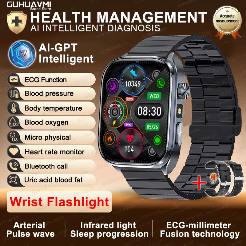 2025 New ECG+PPG AI Healthy Diagnose Smart Watch Men Blood Lipid Uric Acid BT Call Flashlight Blood Pressure Health Smartwatch
