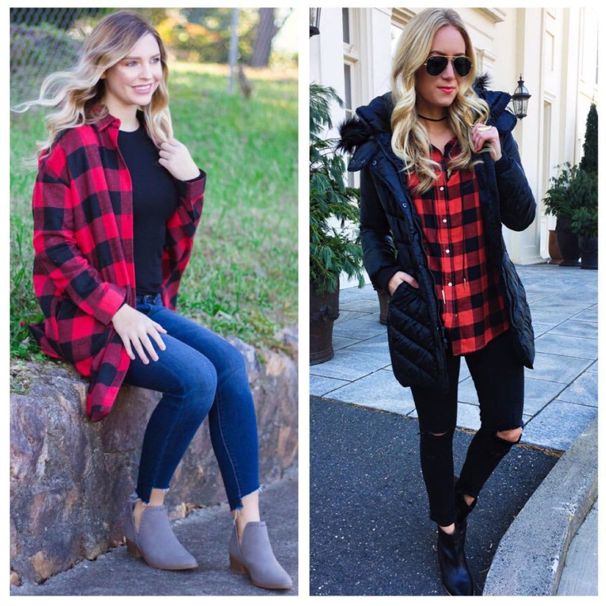 Red Plaid Shirt Stand Collar Loose Single Breasted