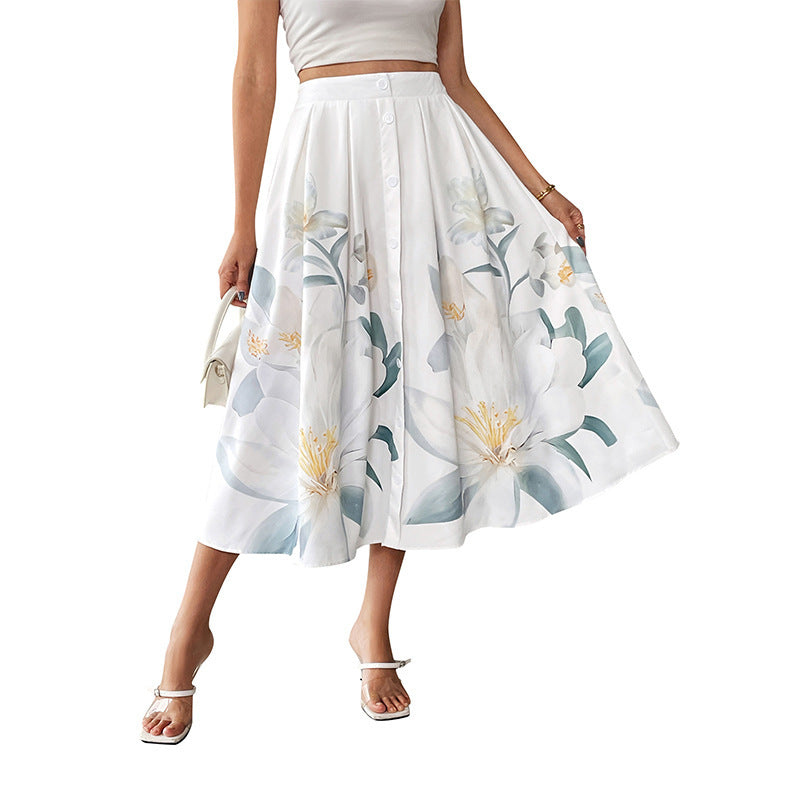 Casual Vacation Sweet Style Button-Decorated Floral Print Skirt