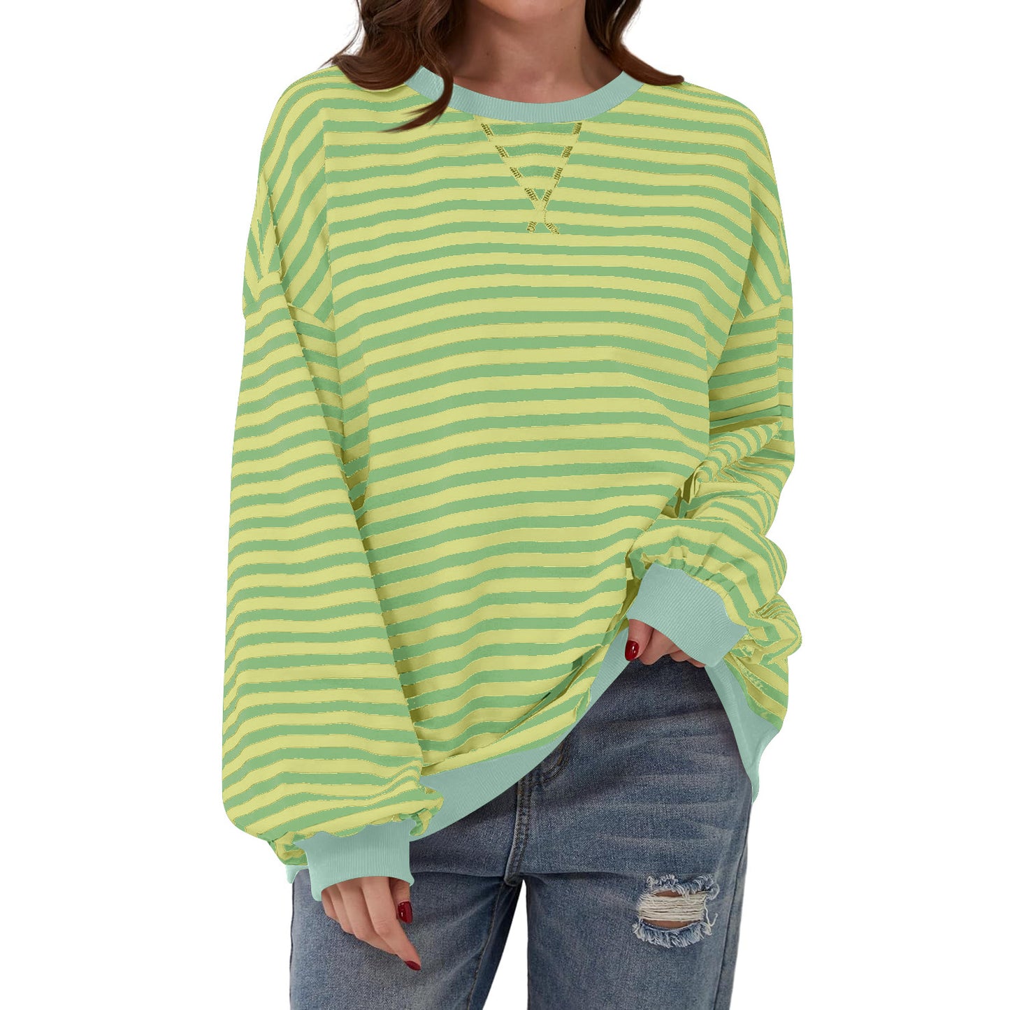 Løs stribet langærmet T-shirt afslappet pullover sweater til dametøj