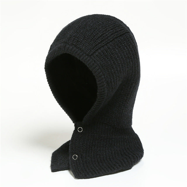 One Piece Warm Solid Button Wool Hat Neckband