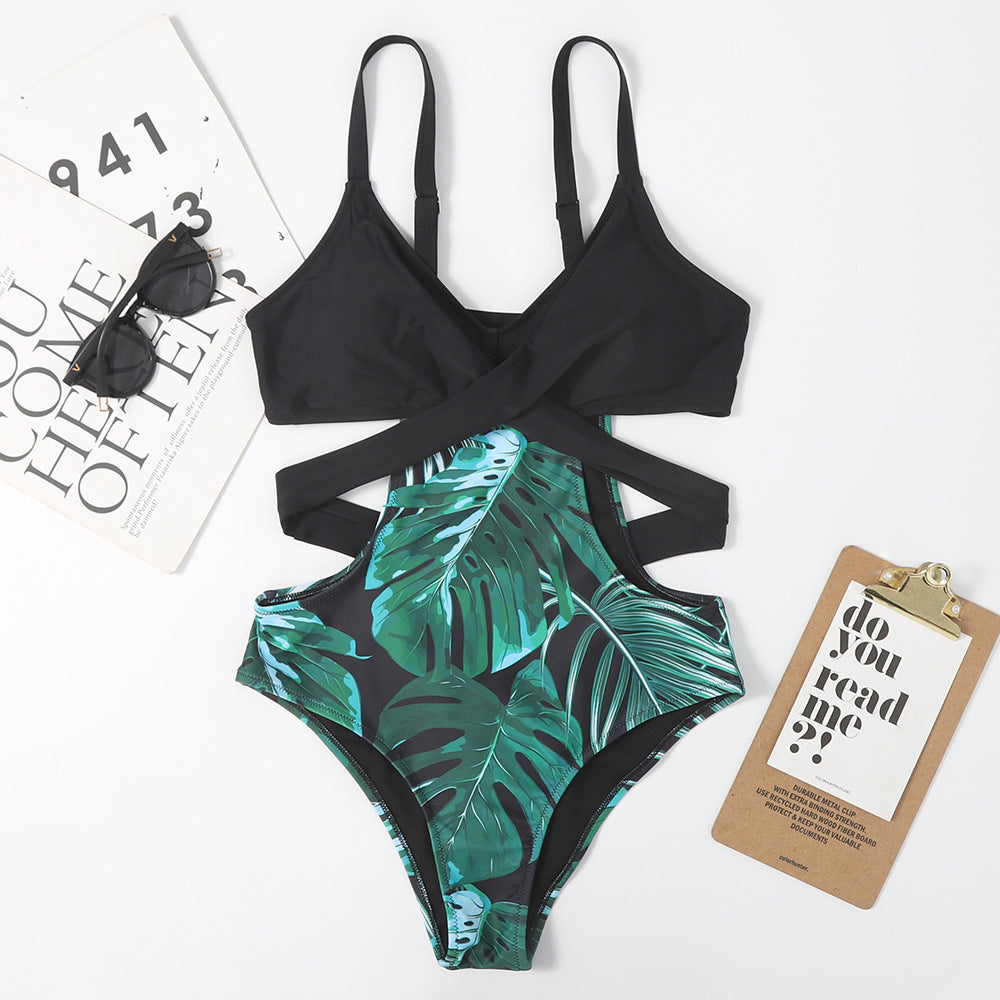 One-piece Leaf-shaped Flowers Color Matching Women's Swimsuit Lace-up Sexy Triangle Bikini