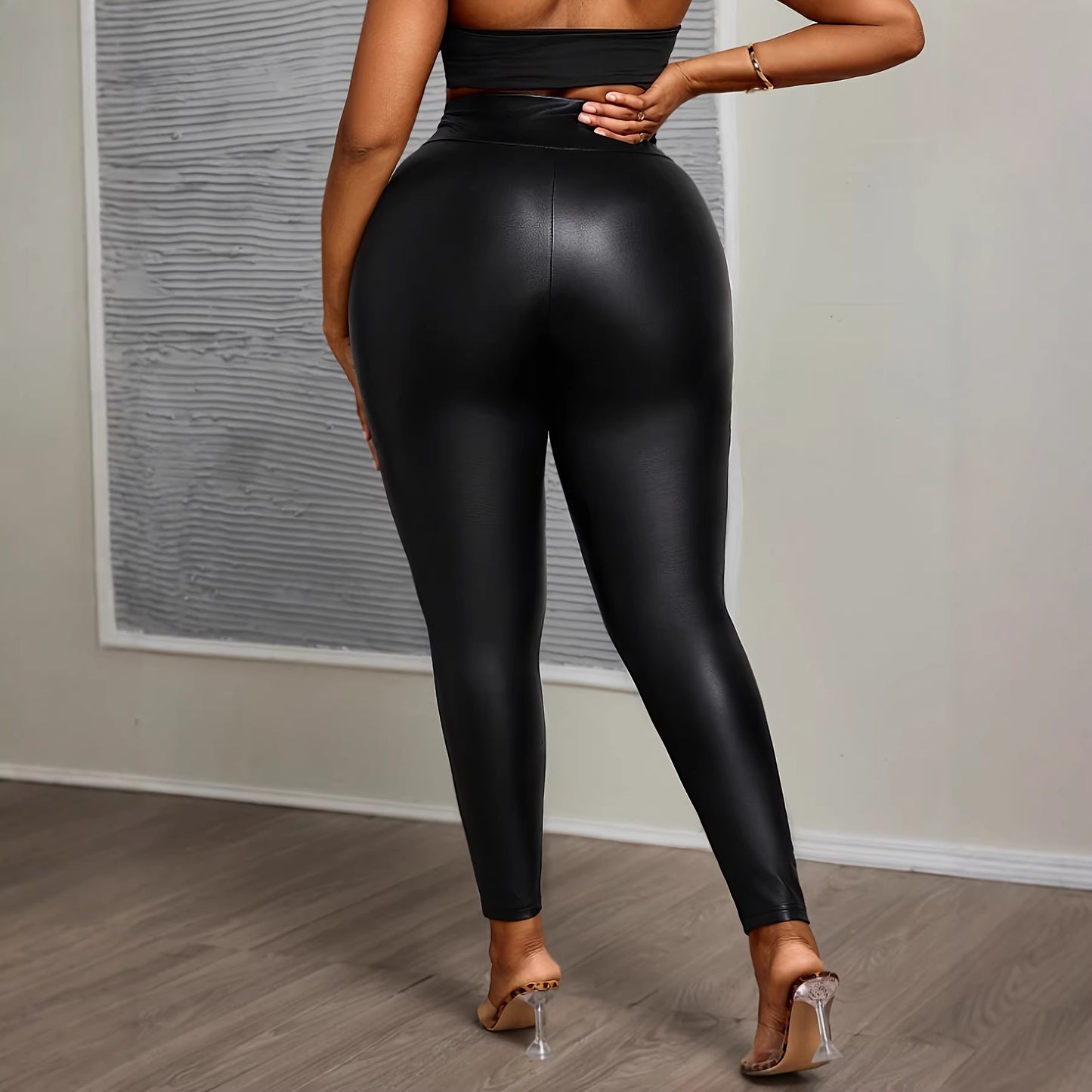 Plus-size Buttoned Tight-fit Figure-flattering Solid-color Stretchy PU Leather