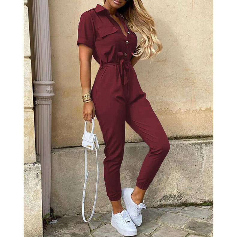 Casual Lapel Button Print Belt Cargo Jumpsuit