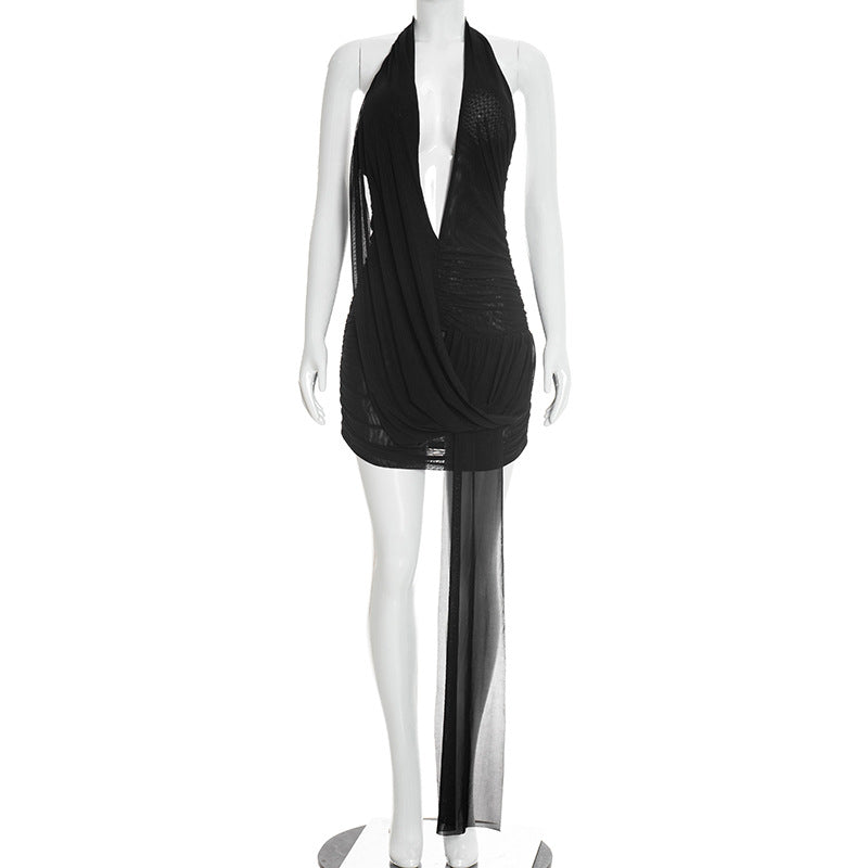 Solid-color Sexy Mesh Draped Deep-V Backless Mini Dress