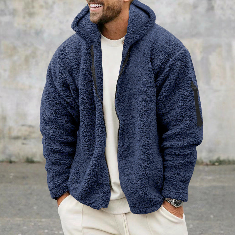 Men's Double-sided Polar Fleece Warm Hooded Zip-up Jacket