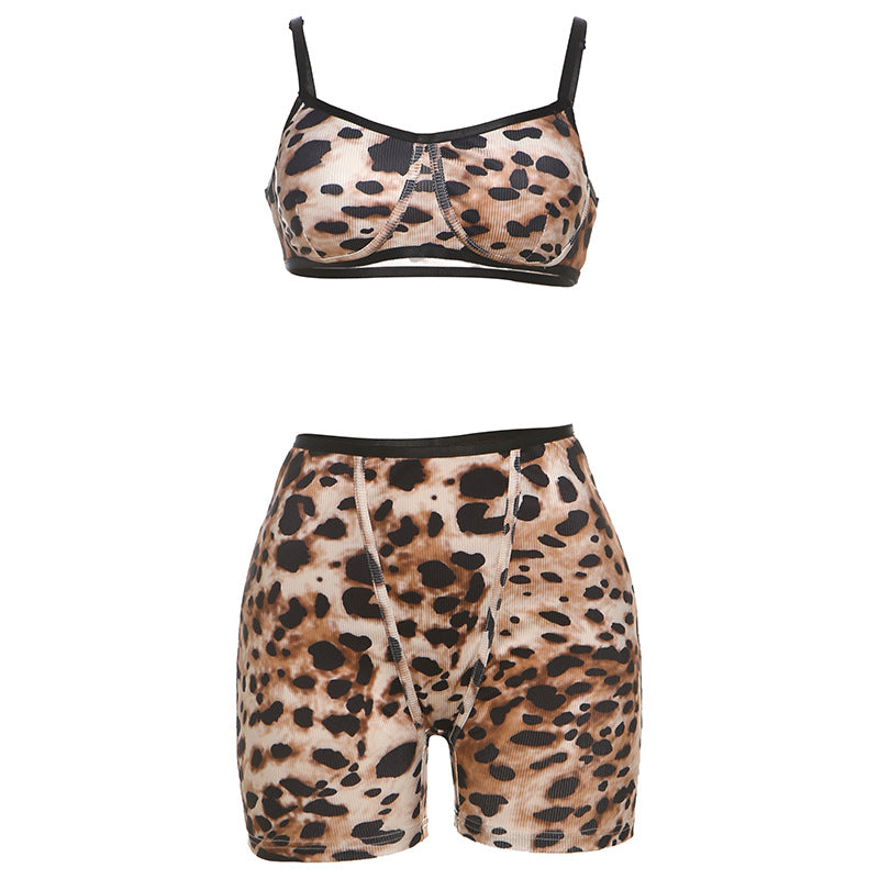 Fashionable Leopard-Print Low-Cut Camisole And High-Waist Leggings Set