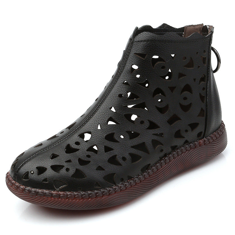Middle-aged Cowhide Ethnic Style Round Toe Large Size Ankle Boots